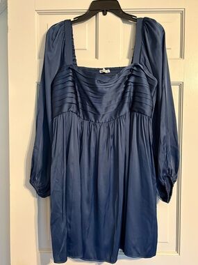 Abercrombie & Fitch XLP Dark Blue Emerson Satin Smocked Top Long Sleeve Dress